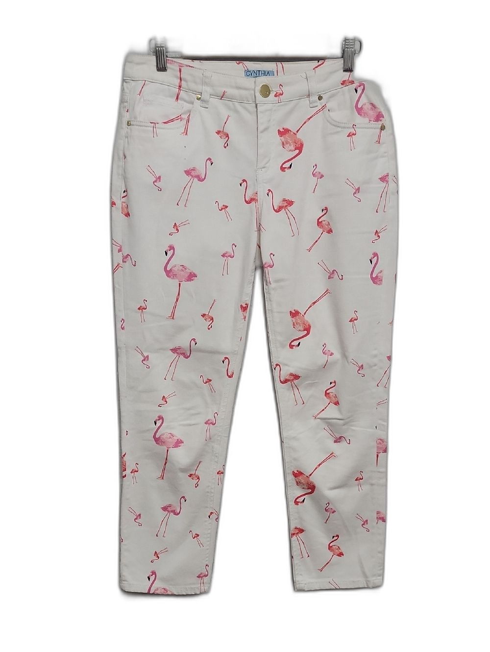Cynthia Rowley Casual White Pants with Pink Flamingo Motif